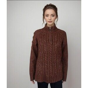 Fossil Cable Knit Sweater Women Sz M Brown Lambswool Blend Fisherman Grandpacore